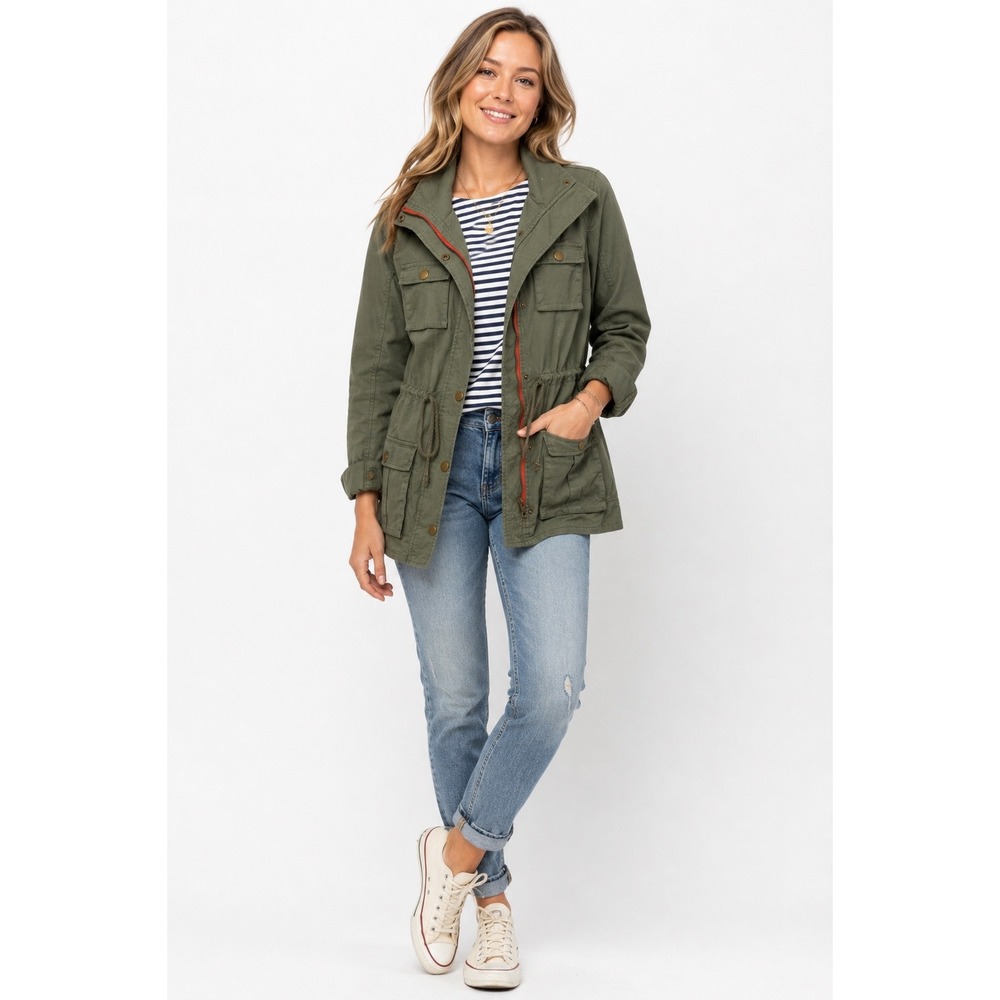 41 Hawthorn Anorak Jacket XS Olive Green Striped Lined Hooded Utility Poplin